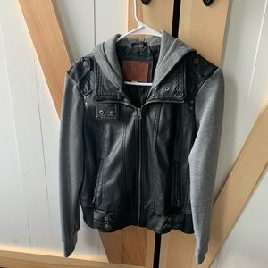 Leather jacket with grey sleeves and hood